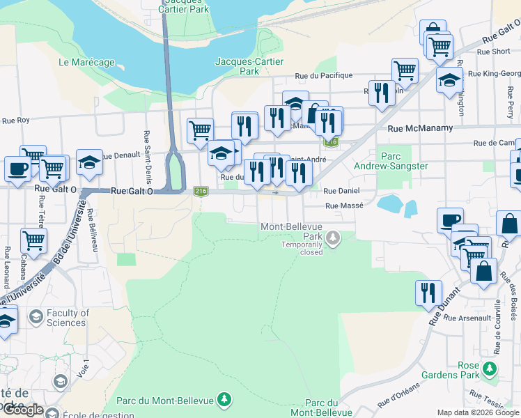 map of restaurants, bars, coffee shops, grocery stores, and more near 1350 Rue Saint-Gilles in Sherbrooke
