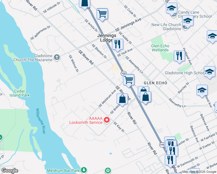 map of restaurants, bars, coffee shops, grocery stores, and more near 4919 Southeast Meldrum Avenue in Milwaukie