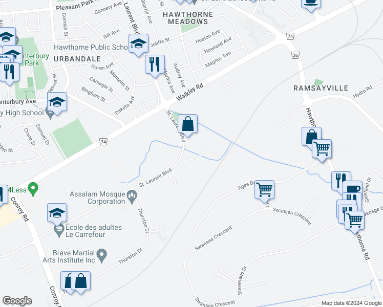 map of restaurants, bars, coffee shops, grocery stores, and more near 2283 Saint Laurent Boulevard in Ottawa