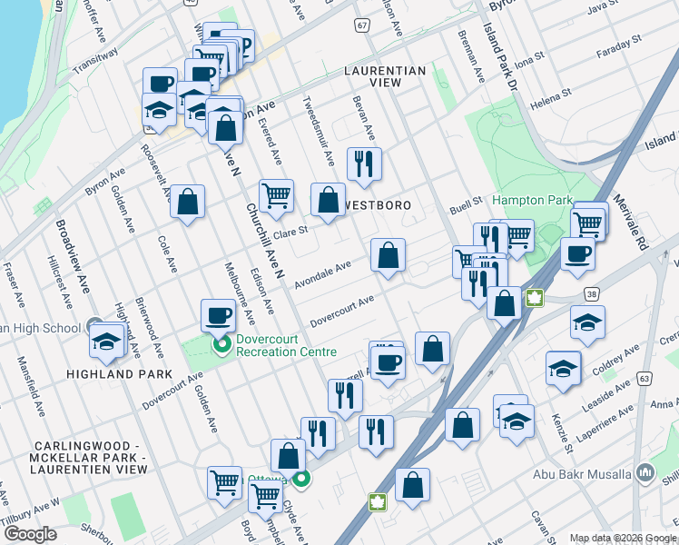 map of restaurants, bars, coffee shops, grocery stores, and more near 278 Avondale Avenue in Ottawa