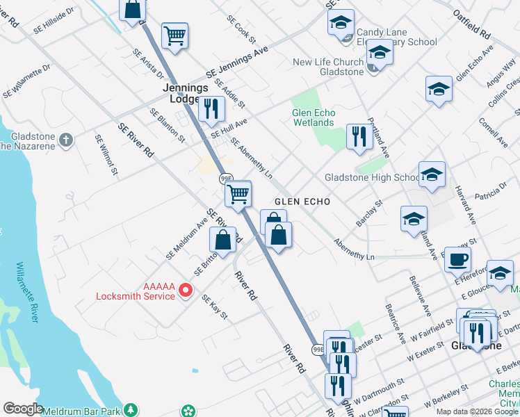 map of restaurants, bars, coffee shops, grocery stores, and more near in Jennings Lodge