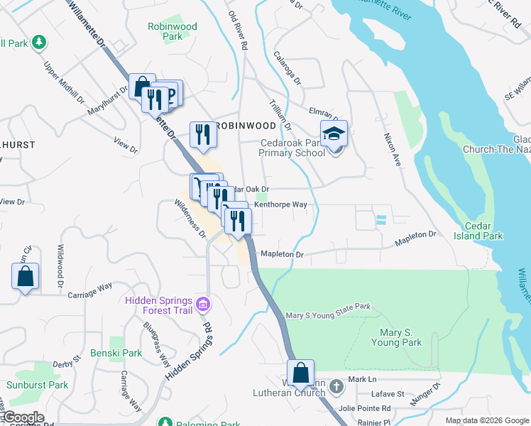 map of restaurants, bars, coffee shops, grocery stores, and more near 20280 Old River Drive in West Linn