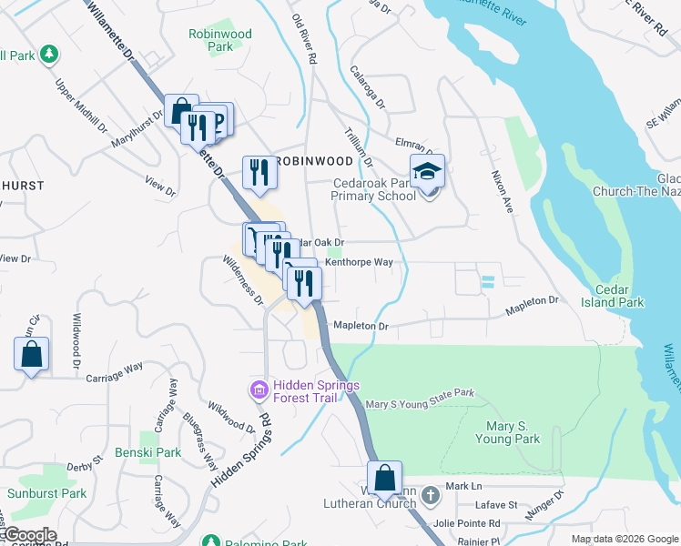 map of restaurants, bars, coffee shops, grocery stores, and more near 20280 Old River Drive in West Linn