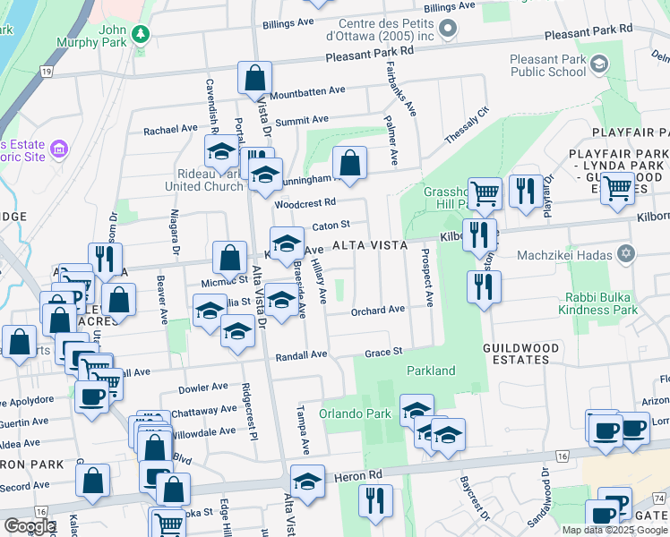 map of restaurants, bars, coffee shops, grocery stores, and more near 1465 Banbury Crescent in Ottawa