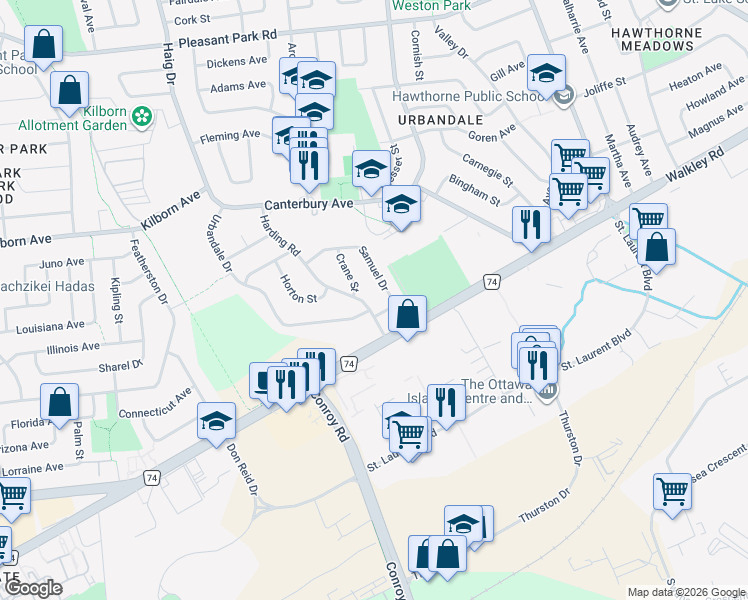 map of restaurants, bars, coffee shops, grocery stores, and more near 2380 Urbandale Drive in Ottawa