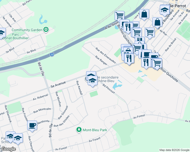 map of restaurants, bars, coffee shops, grocery stores, and more near 140 Boulevard Pincourt in Pincourt