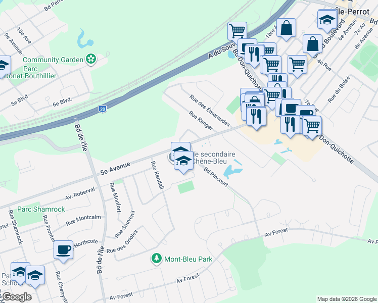 map of restaurants, bars, coffee shops, grocery stores, and more near 140 Boulevard Pincourt in Pincourt
