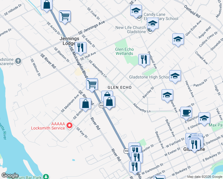 map of restaurants, bars, coffee shops, grocery stores, and more near 18729 Southeast Ashton Lane in Milwaukie