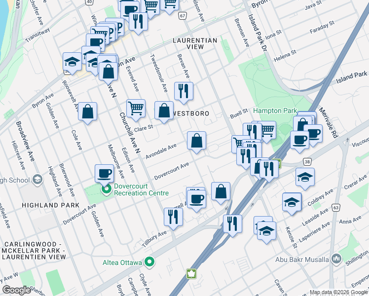 map of restaurants, bars, coffee shops, grocery stores, and more near in Ottawa