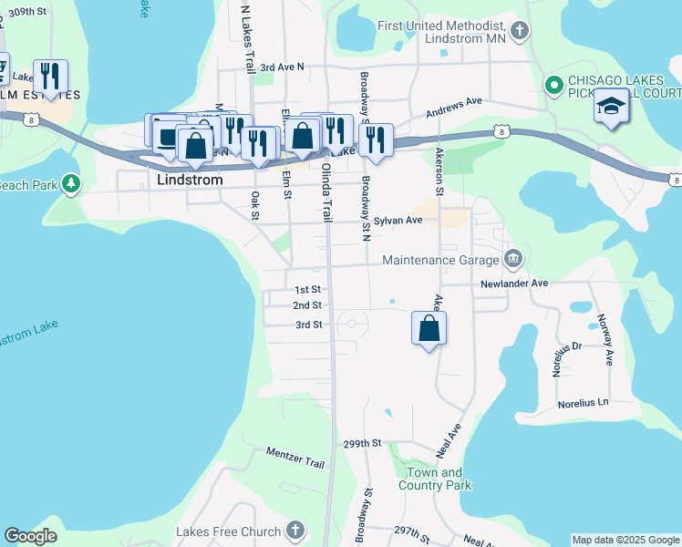 map of restaurants, bars, coffee shops, grocery stores, and more near 30315 Olinda Trail in Lindstrom