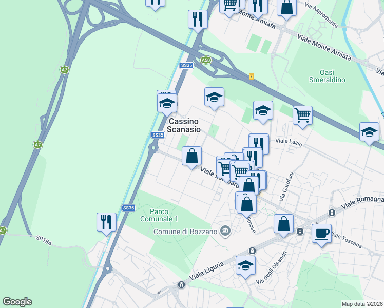map of restaurants, bars, coffee shops, grocery stores, and more near 17 Via Brescia in Rozzano