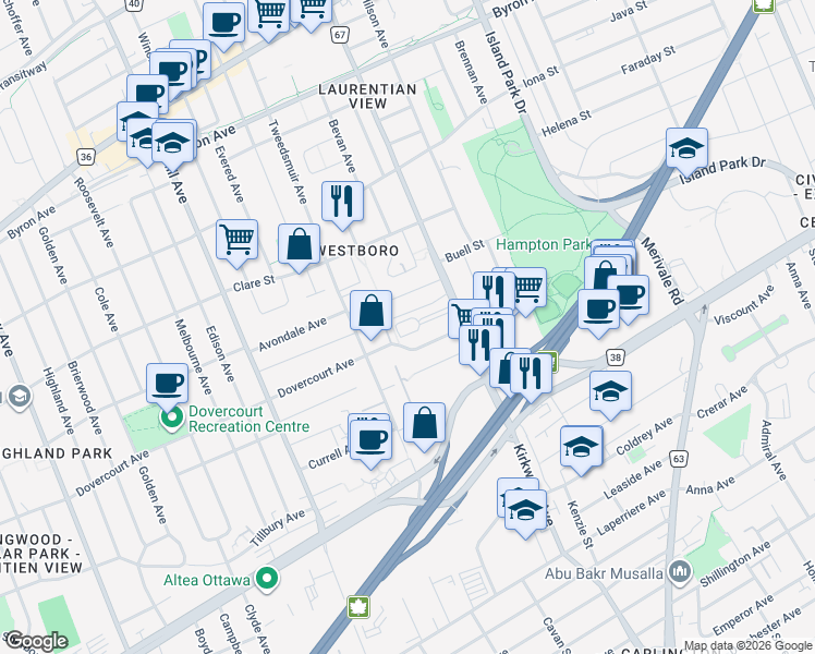 map of restaurants, bars, coffee shops, grocery stores, and more near 198 Macy Boulevard in Ottawa