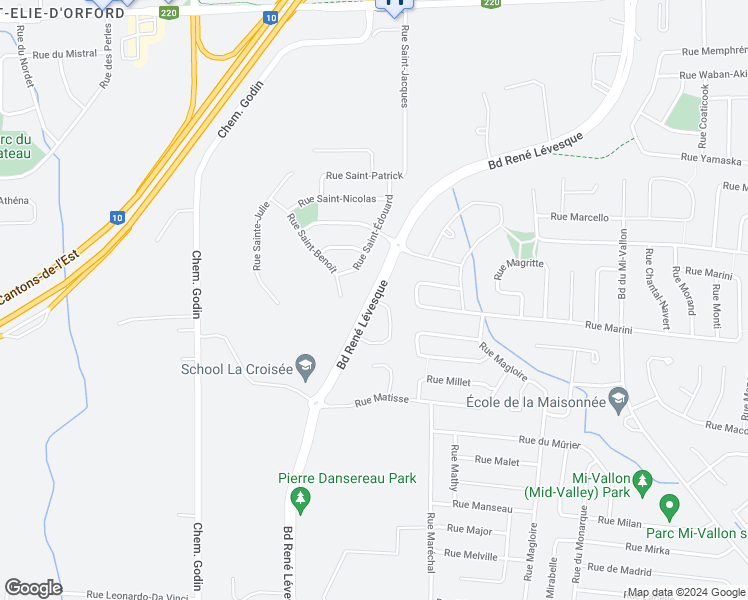 map of restaurants, bars, coffee shops, grocery stores, and more near Boulevard René-Lévesque in Sherbrooke
