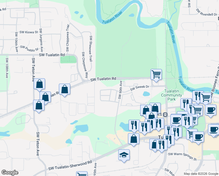 map of restaurants, bars, coffee shops, grocery stores, and more near 9199 Southwest Sweek Drive in Tualatin