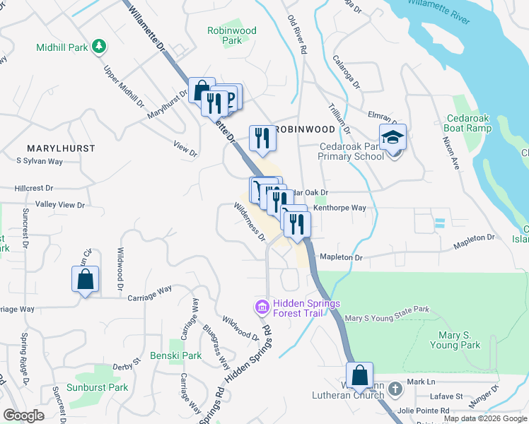 map of restaurants, bars, coffee shops, grocery stores, and more near 19120 Willamette Drive in West Linn