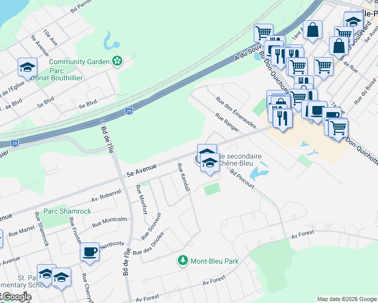 map of restaurants, bars, coffee shops, grocery stores, and more near 259 5e Avenue in Pincourt