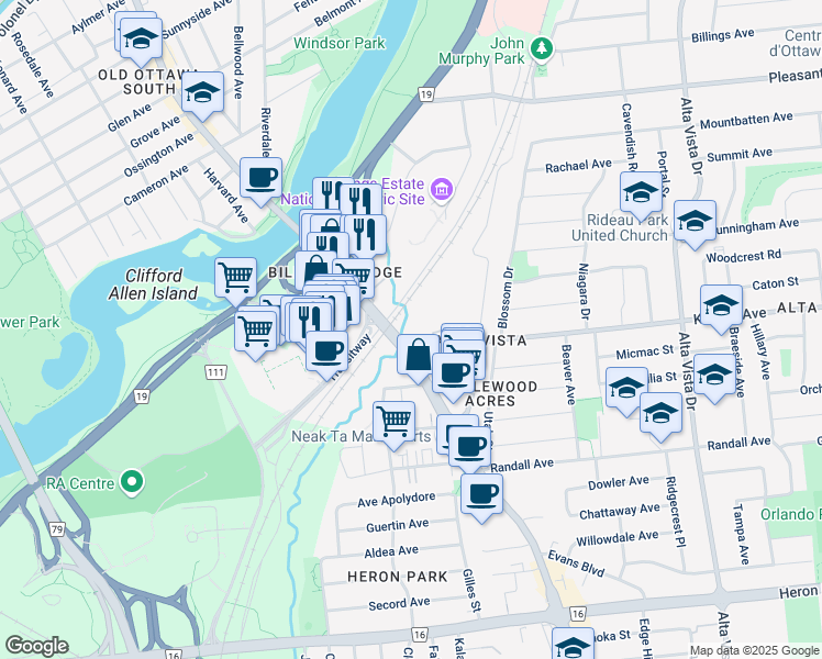 map of restaurants, bars, coffee shops, grocery stores, and more near 1241 Kilborn Place in Ottawa