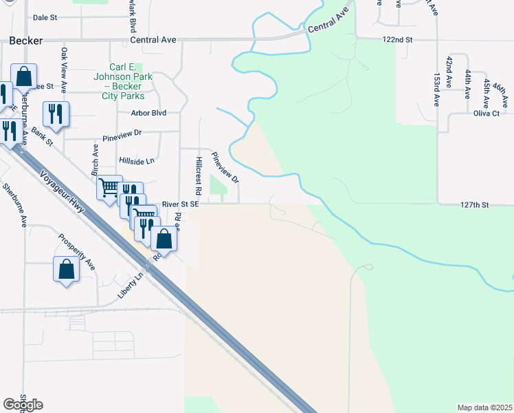 map of restaurants, bars, coffee shops, grocery stores, and more near 14829 Pineview Drive in Becker