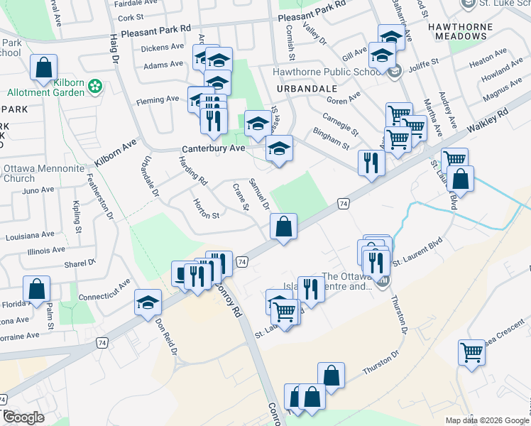 map of restaurants, bars, coffee shops, grocery stores, and more near 2324 Samuel Drive in Ottawa