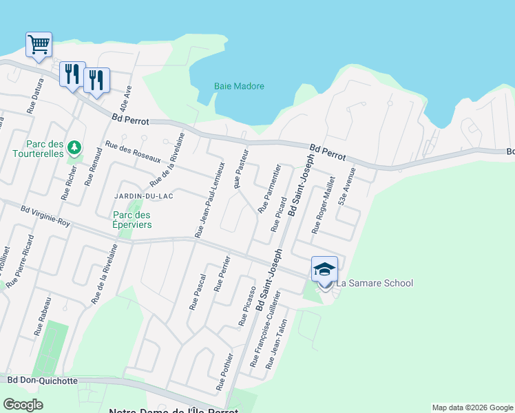 map of restaurants, bars, coffee shops, grocery stores, and more near 62 Rue Parmentier in Notre-Dame-de-l'Île-Perrot