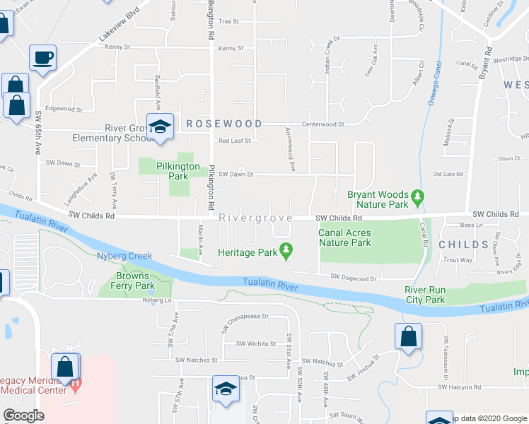 map of restaurants, bars, coffee shops, grocery stores, and more near 19203 Sourthwest Megly Ct in Lake Oswego