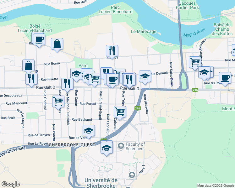 map of restaurants, bars, coffee shops, grocery stores, and more near 1330 Rue Cabana in Sherbrooke