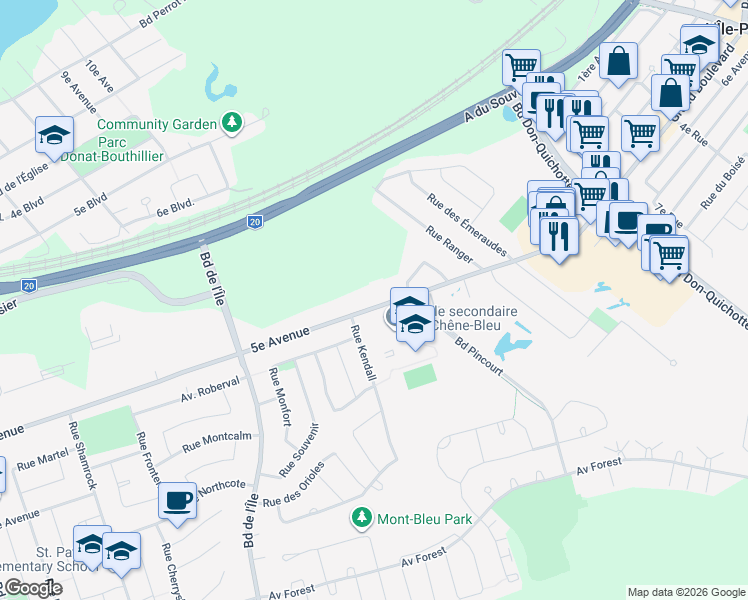 map of restaurants, bars, coffee shops, grocery stores, and more near 259 5e Avenue in Pincourt
