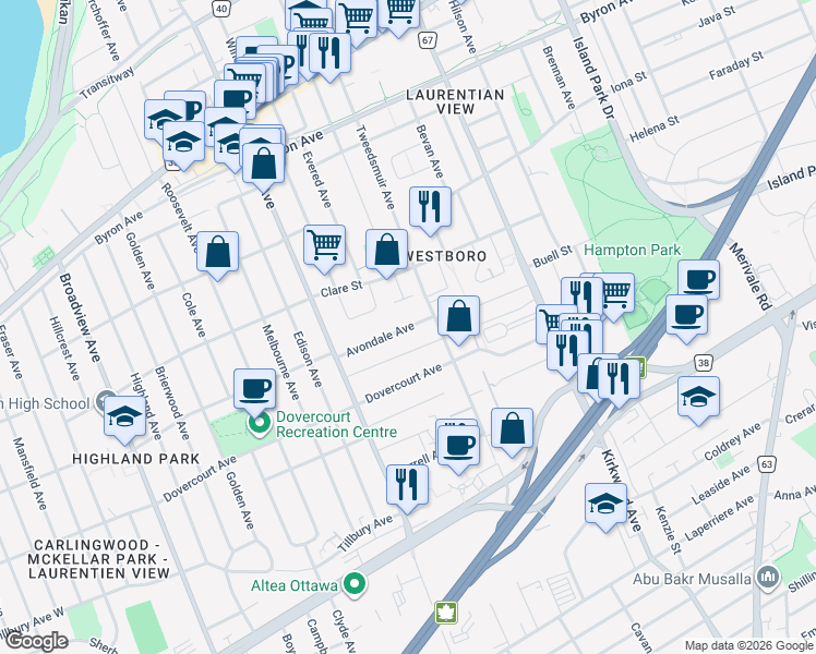 map of restaurants, bars, coffee shops, grocery stores, and more near 276 Avondale Avenue in Ottawa