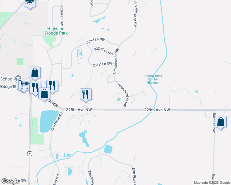 map of restaurants, bars, coffee shops, grocery stores, and more near 2760 230th Lane Northwest in Saint Francis