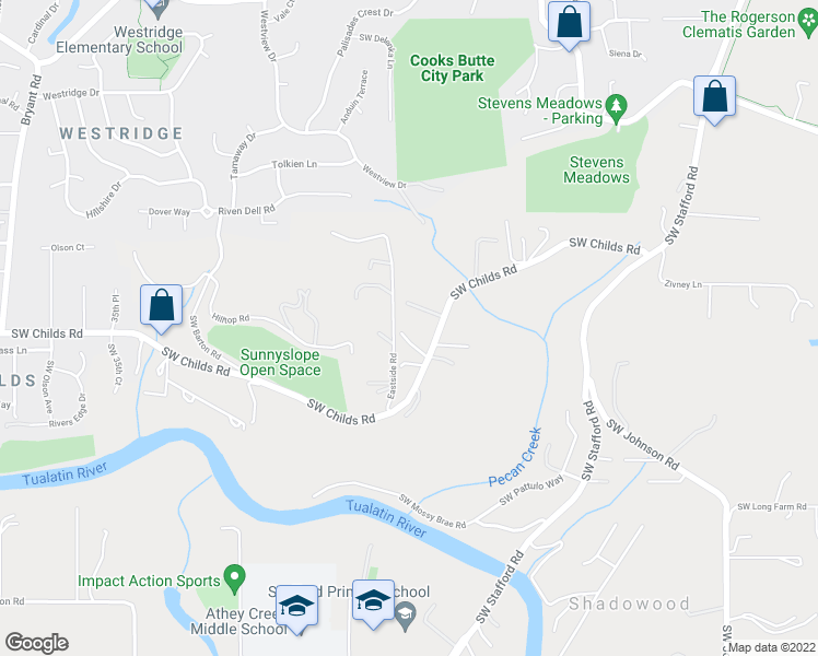 map of restaurants, bars, coffee shops, grocery stores, and more near 2151 Southwest Childs Road in Lake Oswego