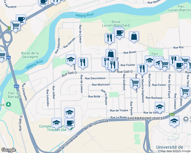 map of restaurants, bars, coffee shops, grocery stores, and more near 2775 Rue Descoteaux in Sherbrooke