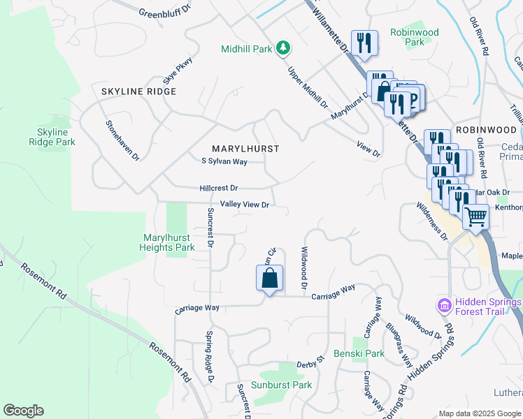 map of restaurants, bars, coffee shops, grocery stores, and more near 2296 Valley View Drive in West Linn