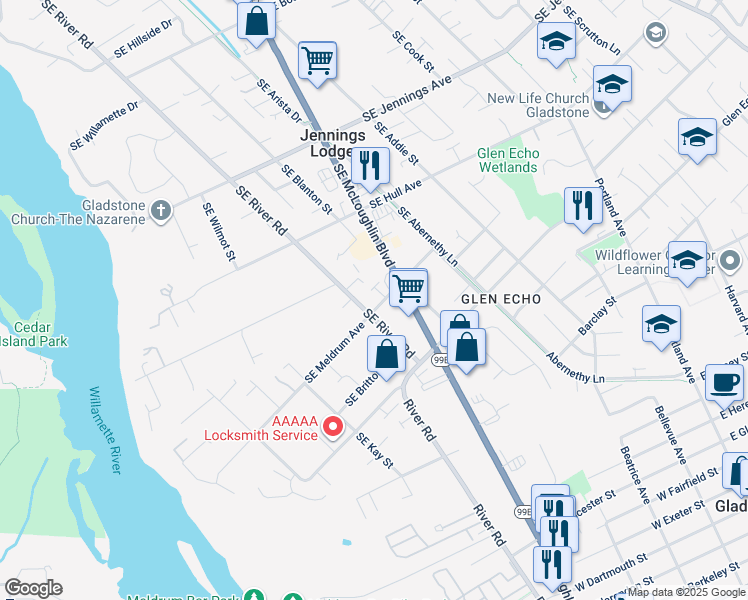map of restaurants, bars, coffee shops, grocery stores, and more near 18810 Southeast River Road in Milwaukie