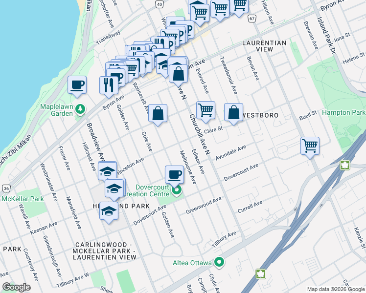 map of restaurants, bars, coffee shops, grocery stores, and more near 534 Melbourne Avenue in Ottawa