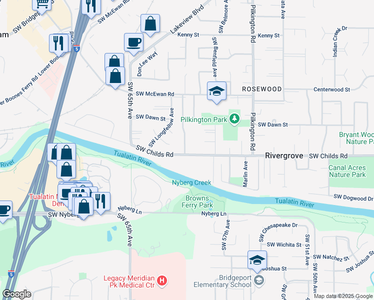map of restaurants, bars, coffee shops, grocery stores, and more near 5961 Southwest Childs Road in Lake Oswego