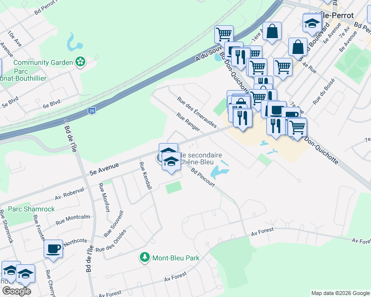 map of restaurants, bars, coffee shops, grocery stores, and more near 286 5e Avenue in Pincourt