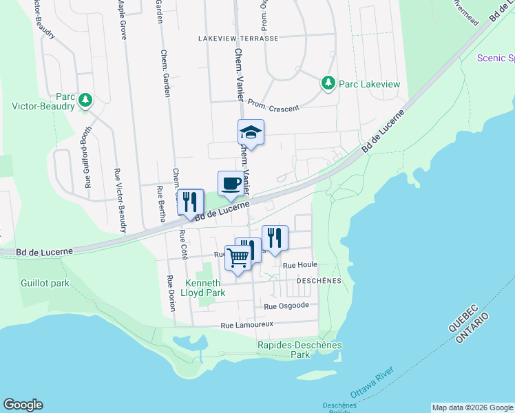 map of restaurants, bars, coffee shops, grocery stores, and more near 27 Boulevard de Lucerne in Gatineau