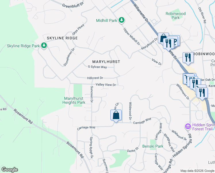 map of restaurants, bars, coffee shops, grocery stores, and more near 2194 Valley View Drive in West Linn