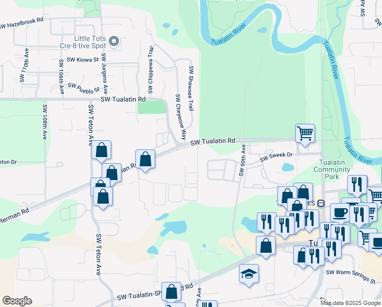 map of restaurants, bars, coffee shops, grocery stores, and more near 9500 Southwest Tualatin Road in Tualatin