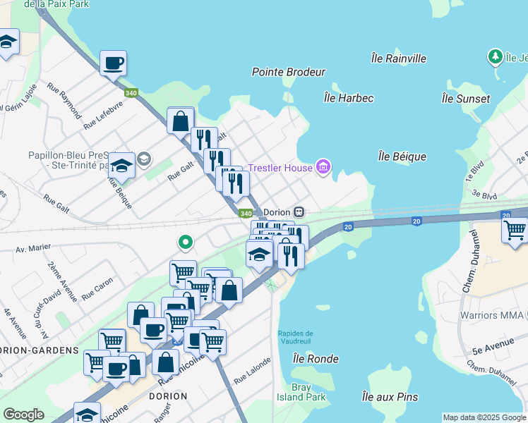 map of restaurants, bars, coffee shops, grocery stores, and more near 82 Rue Trestler in Vaudreuil-Dorion