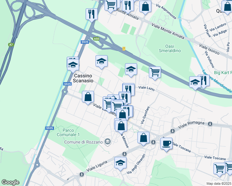 map of restaurants, bars, coffee shops, grocery stores, and more near 65 Via Torino in Rozzano