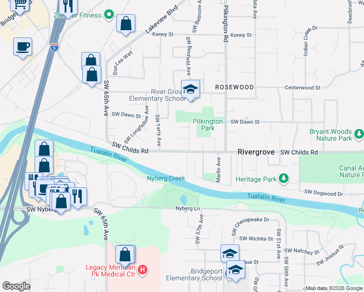 map of restaurants, bars, coffee shops, grocery stores, and more near 5755 Southwest Childs Road in Lake Oswego