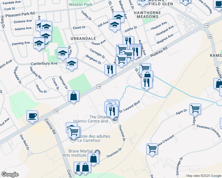 map of restaurants, bars, coffee shops, grocery stores, and more near 2204 Walkley Road in Ottawa