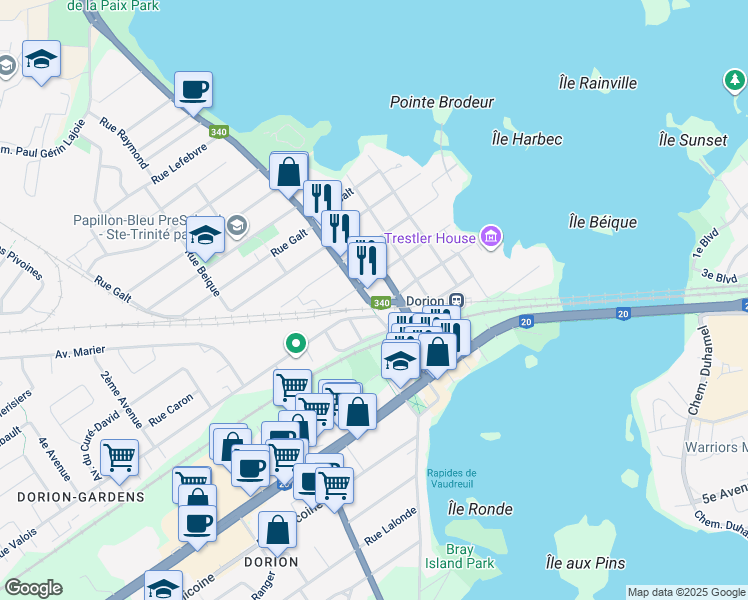 map of restaurants, bars, coffee shops, grocery stores, and more near 105 Avenue Saint-Charles in Vaudreuil-Dorion