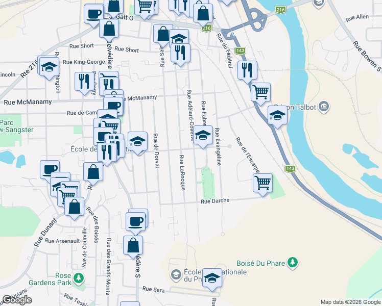 map of restaurants, bars, coffee shops, grocery stores, and more near 1313 Rue Adélard-Collette in Sherbrooke
