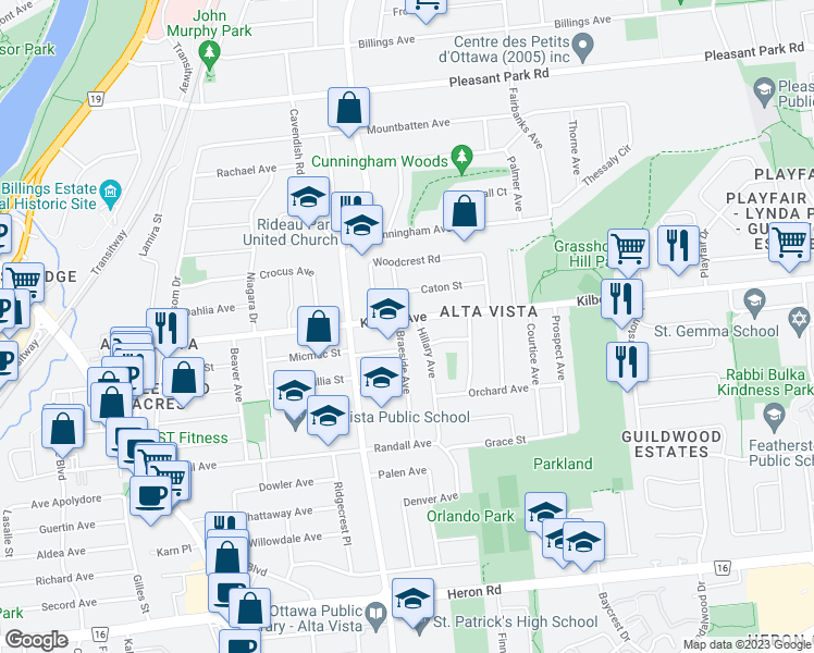 map of restaurants, bars, coffee shops, grocery stores, and more near 2201 Braeside Avenue in Ottawa