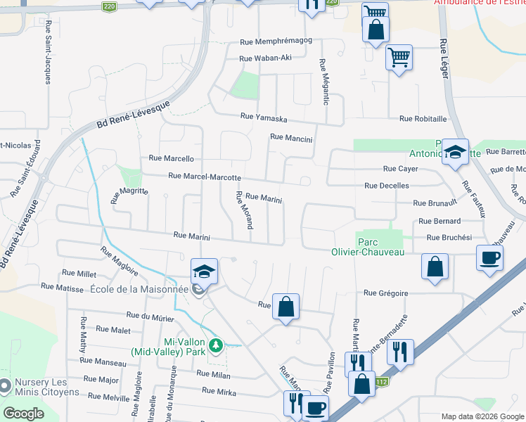 map of restaurants, bars, coffee shops, grocery stores, and more near 1622 Rue Monti in Sherbrooke