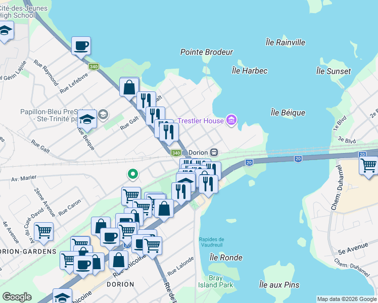 map of restaurants, bars, coffee shops, grocery stores, and more near 82 Rue Trestler in Vaudreuil-Dorion