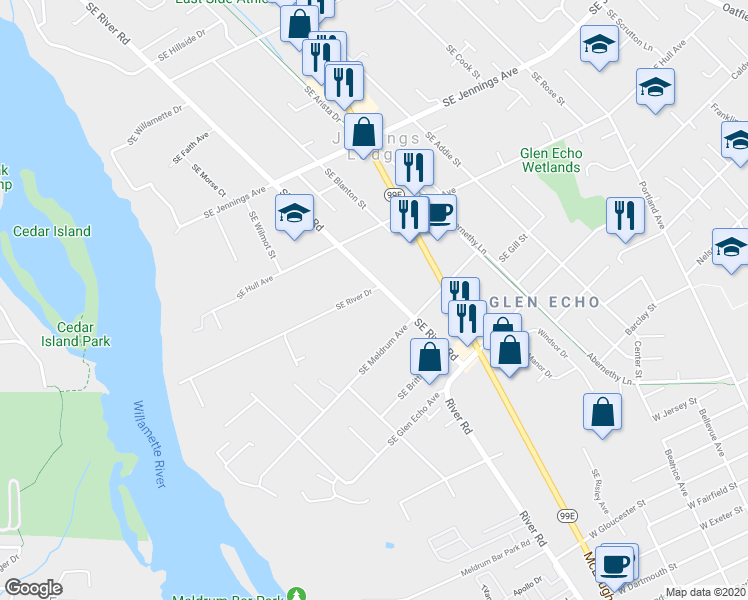 map of restaurants, bars, coffee shops, grocery stores, and more near 4820 Southeast River Drive in Portland