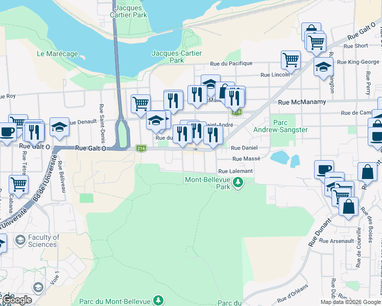 map of restaurants, bars, coffee shops, grocery stores, and more near 1500 Rue Galt Ouest in Sherbrooke